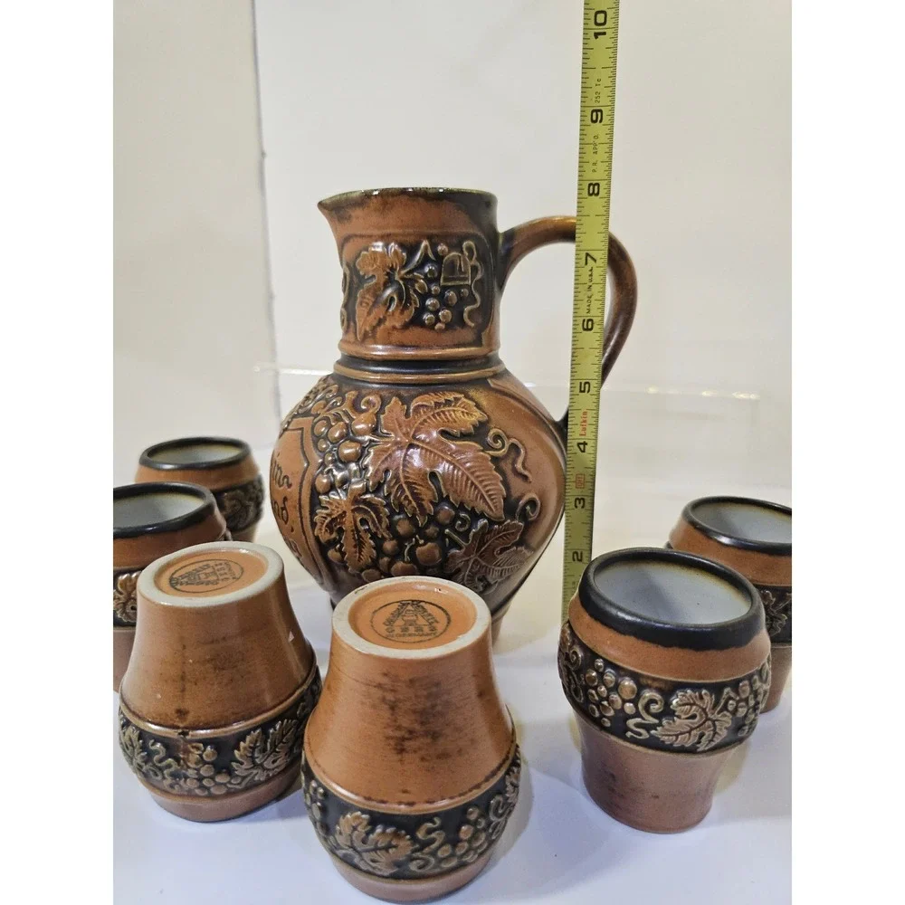Vintage Gertz German‎ Pottery Pitcher 6 Cups Wine Set Grape Leaf Design MCM